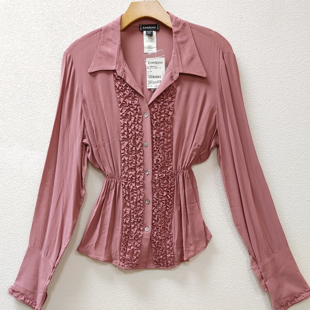 pretty in pink, BEBE mini ruffle blouse size large NWT